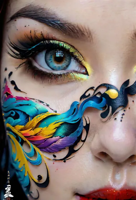 a close up of a woman with colorful makeup and feathers on her face