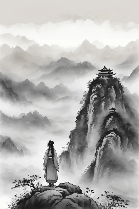 A girl in Hanfu stood on the misty mountaintop,chinese ink style