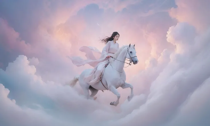 An impressionistic image of a girl astride a massive white horse soaring amidst the clouds. The scene is filled with swirling,dreamlike effects that enhance the surreal atmosphere. The composition uses rule of thirds to frame the girl and her majestic moun...