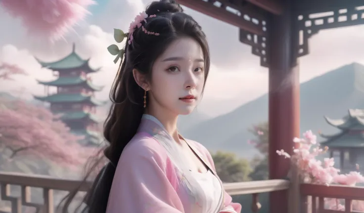 1girl,cute,beautiful face,(portrait:1.2),solo,pink hanfu with clorful fellows,
best quality,global illumination,ultra sharp shadows,octane render,8k,
[:(outdoors, Chinese architecture, buildings, (mountain:0.8), cloud):0.1],
,haze,fog,(smoke-filled:1.3),cl...