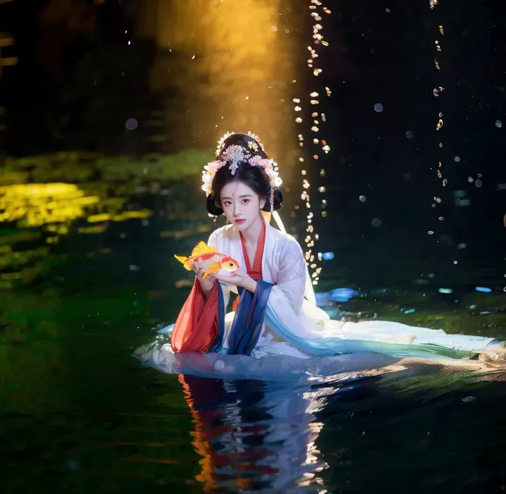 Ancient style girl, full body, costumes, Kunqu opera, headdress, big eyes with bright water, koi fish, water, bubbles, glassy texture splash, character close-up, motion blur, bangs, new gongbi, shallow depth of field, new gongbi, dazzling light and shadow,...