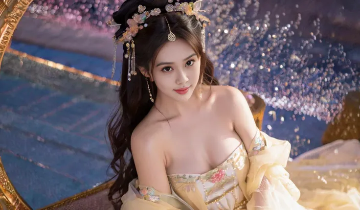 Best quality,chinese girls,hanfu,(topless),A very sexy perfect idol,disdainful expression,shy,blush,peerlessly beautiful chinese idolmaster,beautiful detailed eyes seductive smile,showing fashion wear,fashion wear,gorgeous accessories,the most beautiful dy...