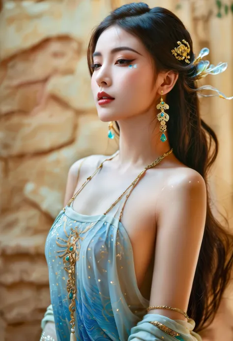 a close up of a woman wearing a blue dress and gold jewelry