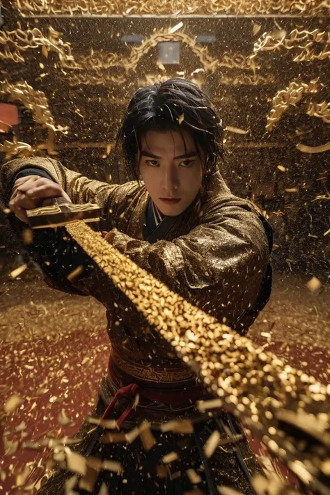 looking at viewer, 1man, cinematic photo Hanfu photography, cinematic angle, fisheye, dynamic perspective, intricate details, wide angle, cinematic lighting, motion blur, upper body,red hair,
A man is entirely composed of broken gold metal,holding sword, 
...