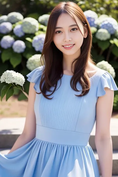 a woman in a blue dress standing in front of a flower