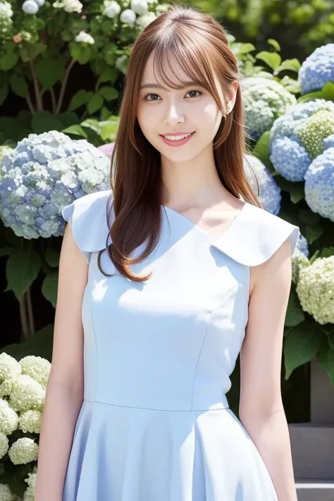 a woman in a blue dress standing in front of a bush of flowers