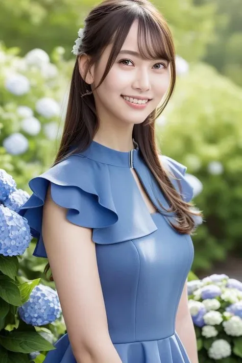 a woman in a blue dress standing in front of a bush of flowers