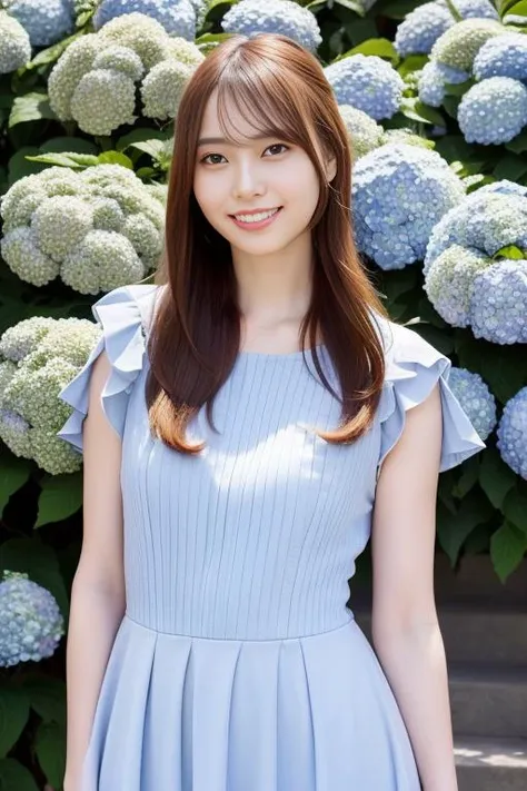 a woman in a blue dress standing in front of a bush of flowers