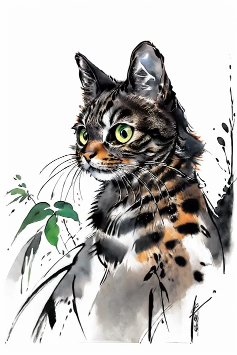 painting of a cat with green eyes and a bushy tail