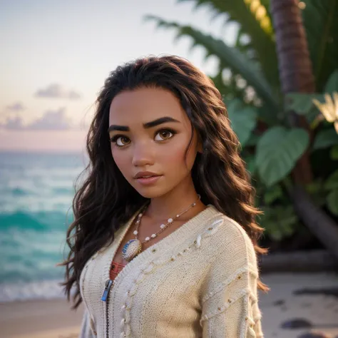 <lora:Moana_v1:0.8> moana,, beautiful girl wearing an unzipped sweater, open sweater, glamourous hair, depth of field, bokeh, morning tropical beach (masterpiece) (best quality) (detailed) (8k) (wallpaper) (cinematic lighting) (sharp focus) (intricate),