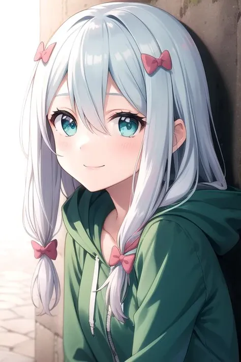 anime girl with long white hair and blue eyes sitting against a wall