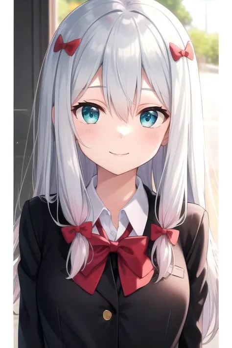 anime girl with long white hair and blue eyes wearing a black jacket