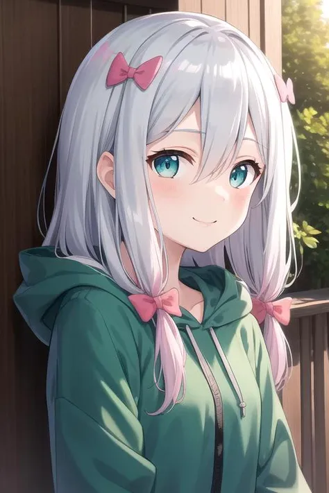 anime girl with long white hair and pink bow in green hoodie