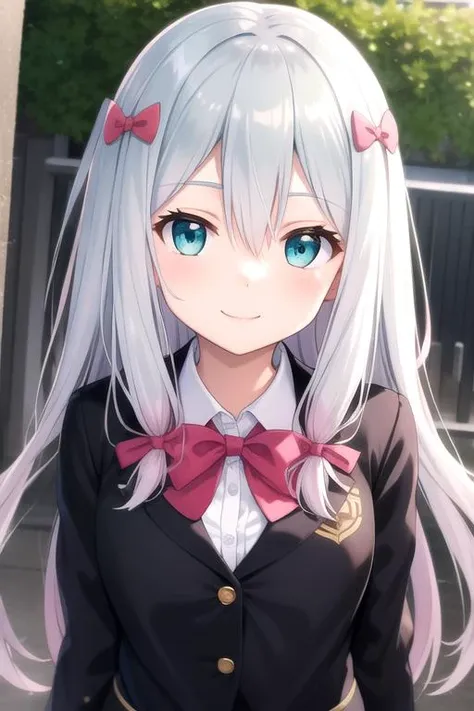 anime girl with long white hair and blue eyes wearing a black jacket