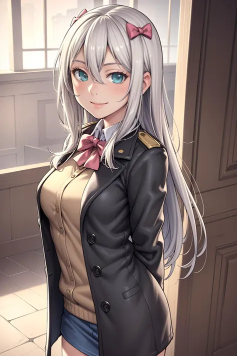 anime girl with long white hair and blue eyes in a black jacket