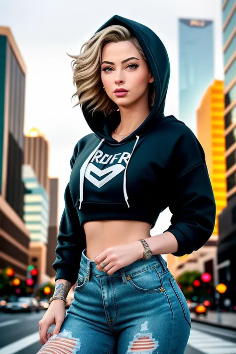 photo of (ashr3sch), 1girl, Masterpiece, highest quality, 4k, sharp focus, intricate full body photo, walking in a rainy american city wearing a crop top style hooded sweatshirt with the hood pulled up, blonde hair visible in hood, tight jeans, beautiful e...