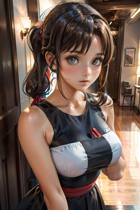 (masterpiece, best quality), 1girl, Light Brown Knotted Low Ponytail with Bangs, Size F breasts,  <lora:Sakimichan_style_v01:0.8>