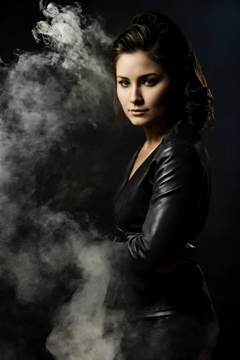 a woman in a black leather jacket standing in smoke