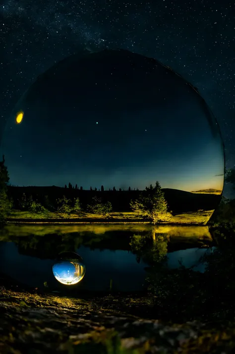 arafed view of a lake and a night sky with a reflection of a moon