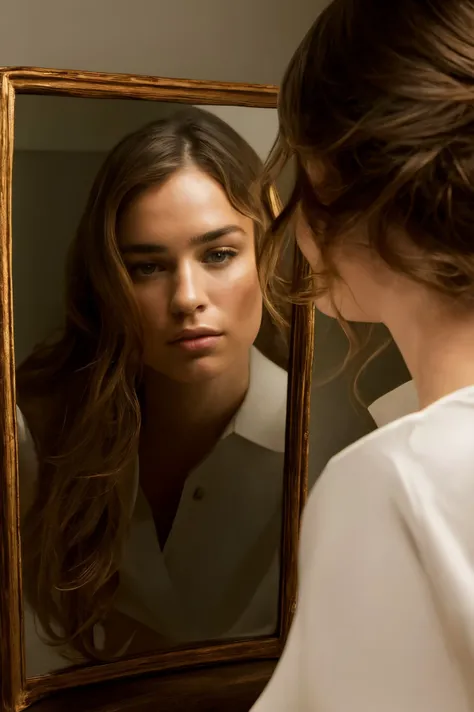 arafed woman looking at herself in a mirror in a bathroom