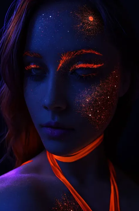 woman 20 years young face closeup, European,  long Orange dress,  ([Emilia( :0)Clarke|ashley bulgari|audra( :0)miller]:0.9) closeup, dark, ultraviolet painted face ,  <lora:dynamic_shot_29_ultraviolet_painted_face:0.80> highres, high quality, high resoluti...