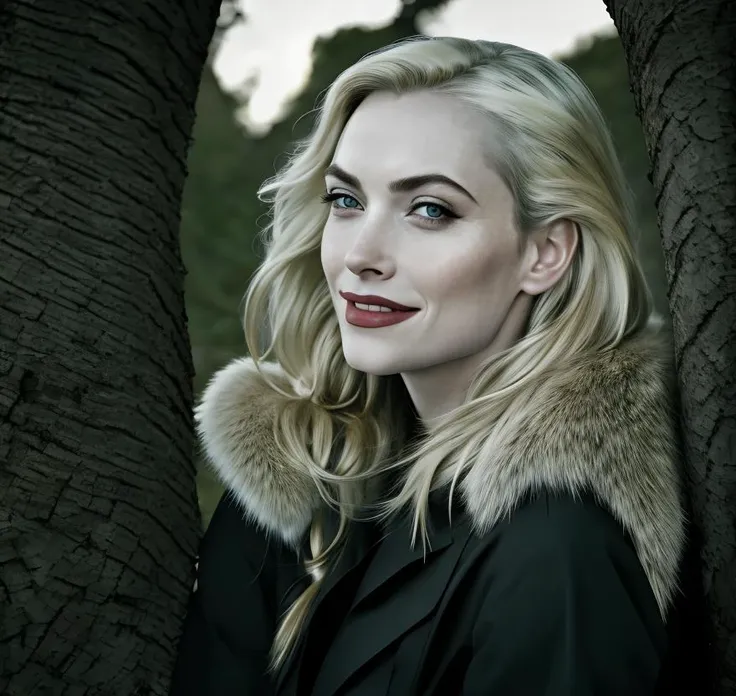 blond woman with blue eyes and a fur collar leaning against a tree