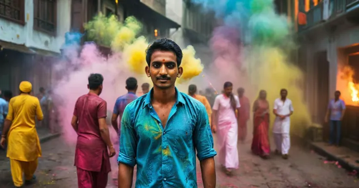 photograph indian people in many colorful typical dresses in Mumbai streets, in India, festivities, color powder festival, hinduism, colored powder in the air, hinduist festivity, festival of Holi, photorealistic, travel photography, (National Geography st...