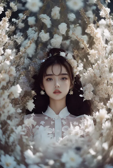 a woman in a white dress is surrounded by flowers