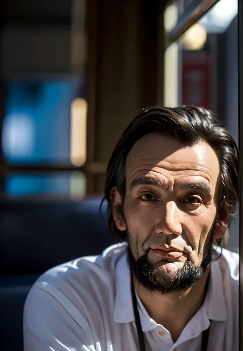 An President Lincoln,Gritty Portrait Photo of a weary,rugged individual sitting in a sparse,nondescript diner,his eyes betraying a sense of resigned acceptance,illuminated by the stark,fluorescent light overhead,from a close-up perspective,showcasing the f...