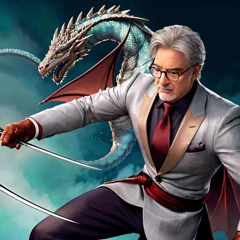 UHD photo,An erudite gentleman in his sixties with short, gray hair and wire-rimmed glasses, wearing a dark, tailored suit with a white shirt and tie , Background A brave knight battles a fearsome dragon in a distant land, using all his skill and cunning t...