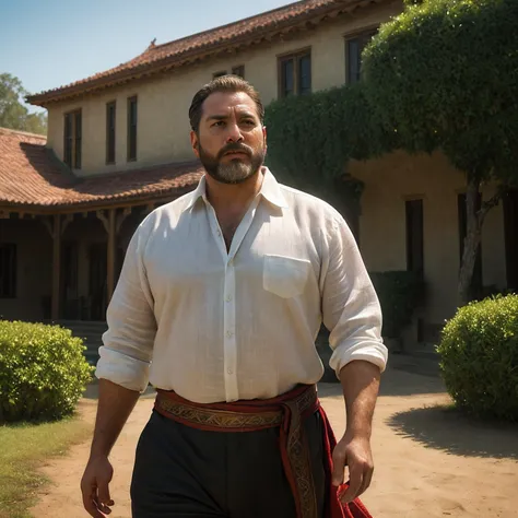 cinematic film still of UHD photo,a short, ugly, fat, middle-aged man with a patchy beard and scars on his face, wearing a white linen shirt, black trousers and a red sash with a dagger around his waist , Background a building that seems to be alive, with ...