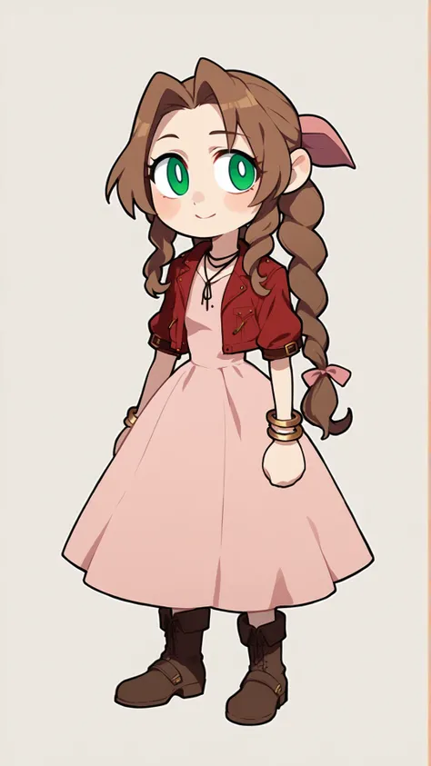 score_9,score_8_up,score_7_up,score_6_up,score_5_up,score_4_up,uncensored,source_anime BREAK 1girl,solo,necoarc,lit pupils,chibi,:3,aerith gainsborough,dress,brown hair,long hair,green eyes,pink dress,bow,cropped jacket,long dress,pink bow,boots,jacket,rib...