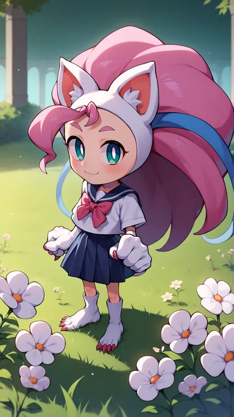 a cartoon girl with pink hair and a cat ears standing in a field of flowers