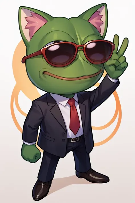 a cartoon cat in a suit and sunglasses giving the peace sign