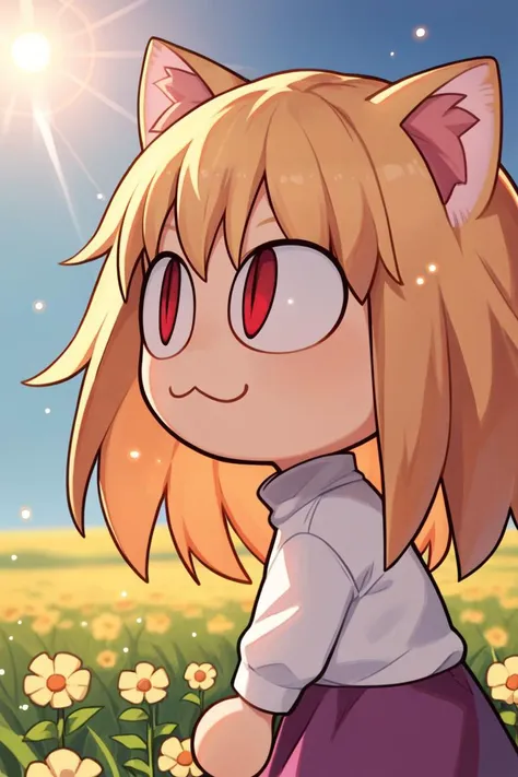 a cartoon cat girl in a field of flowers with a sun in the background