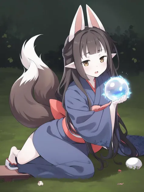 <lora:Hasaha_adult:1>, Hasaha_adult, 1girl, soro, brown eyes, animal ears, black hair, pointy ears, long hair, fox ears, bangs, blunt bangs, forest, sky, college age, 20 years old, full body, 
 japanese clothes, kimono, tail,  blue kimono, fox tail, crysta...