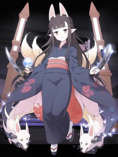 <lora:Hasaha_adult:1>, Hasaha_adult, 1girl, soro, brown eyes, animal ears, black hair, pointy ears, long hair, fox ears, bangs, blunt bangs, forest, night, college age, 20 years old, full body, 
 japanese clothes, kimono, tail, katana, blue kimono, fox tai...