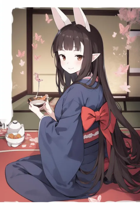 <lora:Hasaha_adult:0.8>, Hasaha_adult, 1girl, soro, brown eyes, animal ears, black hair, pointy ears, long hair, fox ears, bangs, blunt bangs, futon, Japan room, tatami,
japanese clothes, smile, kimono, looking at viewer, red eyes, bug,
 masterpiece, high ...