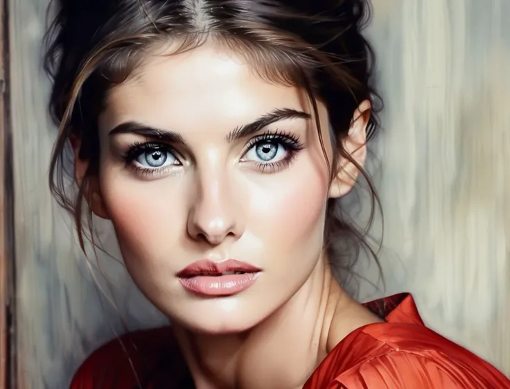 a close up of a woman with a red shirt and a red dress