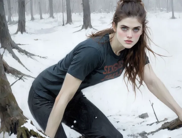 there is a woman that is standing on a snowboard in the snow