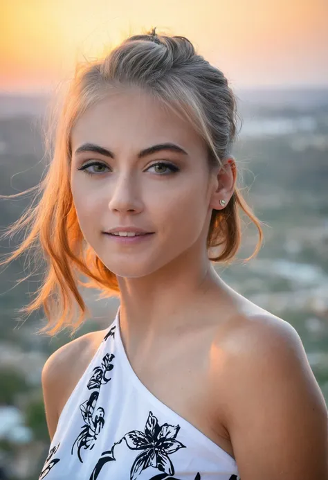 a woman with blonde hair and a white top is posing for a picture