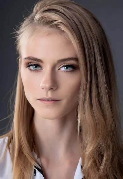 a close up of a woman with long blonde hair and blue eyes