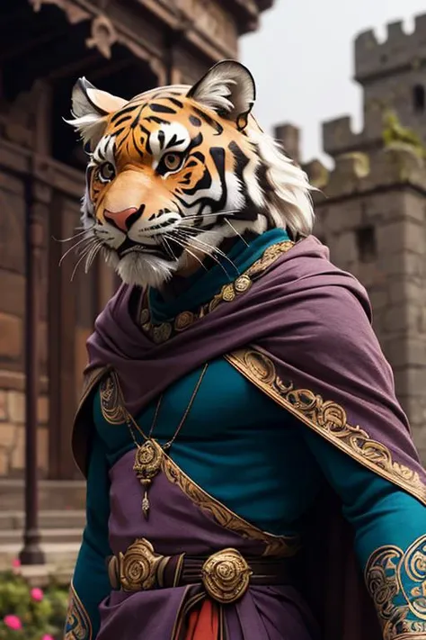 a close up of a tiger wearing a purple and blue outfit