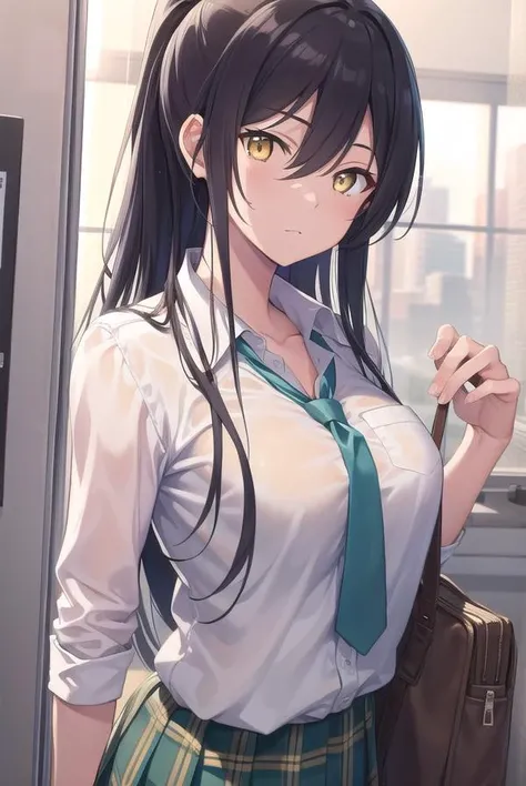 sakuyashirase, <lyco:sakuyashirase-lyco-nochekaiser:1>,
sakuya shirase, black hair, hair between eyes, long hair, ponytail, (yellow eyes:1.5),
BREAK collarbone, green necktie, green skirt, necktie, open collar, plaid, plaid skirt, pleated skirt, school uni...