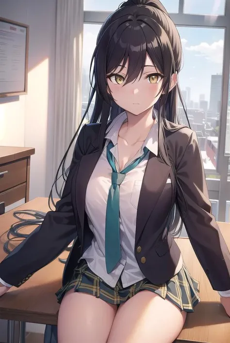 sakuyashirase, <lyco:sakuyashirase-lyco-nochekaiser:1>,
sakuya shirase, black hair, hair between eyes, long hair, ponytail, (yellow eyes:1.5),
BREAK collarbone, green necktie, green skirt, necktie, open collar, plaid, plaid skirt, pleated skirt, school uni...