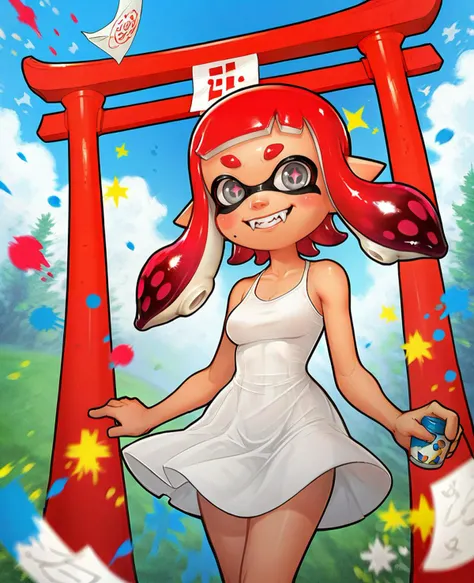 score_9_up, score_8_up, cowboy shot, wide shot, 1girl, Inkling (Splatoon), inkling_girl, medium hair, red hair, tentacle hair, suction cups, grey eyes, symbol-shaped pupils, pale skin, medium breasts, fangs, smiling, teeth, paint splatter, sundress
, outsi...