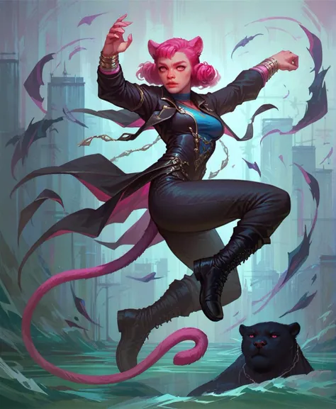 a woman in a black outfit and pink hair is flying over a cat