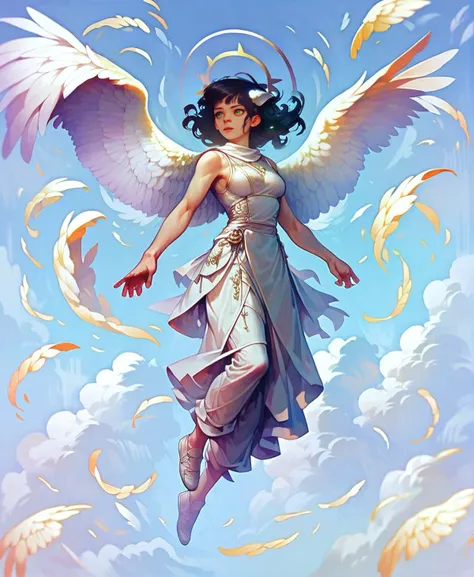 a painting of an angel flying through the sky with wings