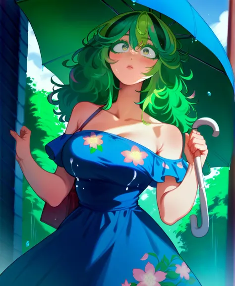 anime girl with green hair and blue dress holding an umbrella