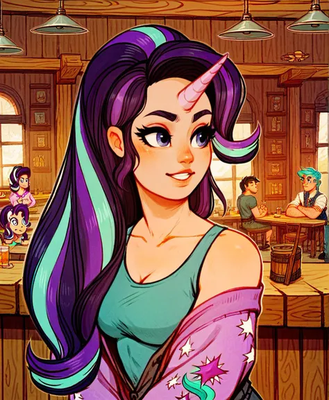 a cartoon girl with long purple hair and a green top